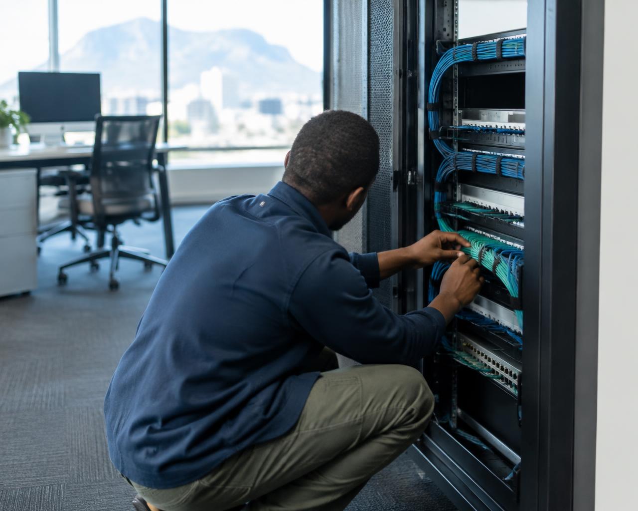 An engineer organising network cables in an office cabinet